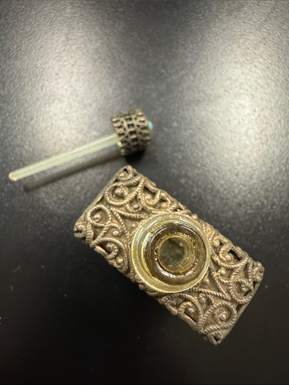 Antique Silver Overlay Glass Perfume Bottle with Turquoise Filigree - Vintage - Picture 7 of 7